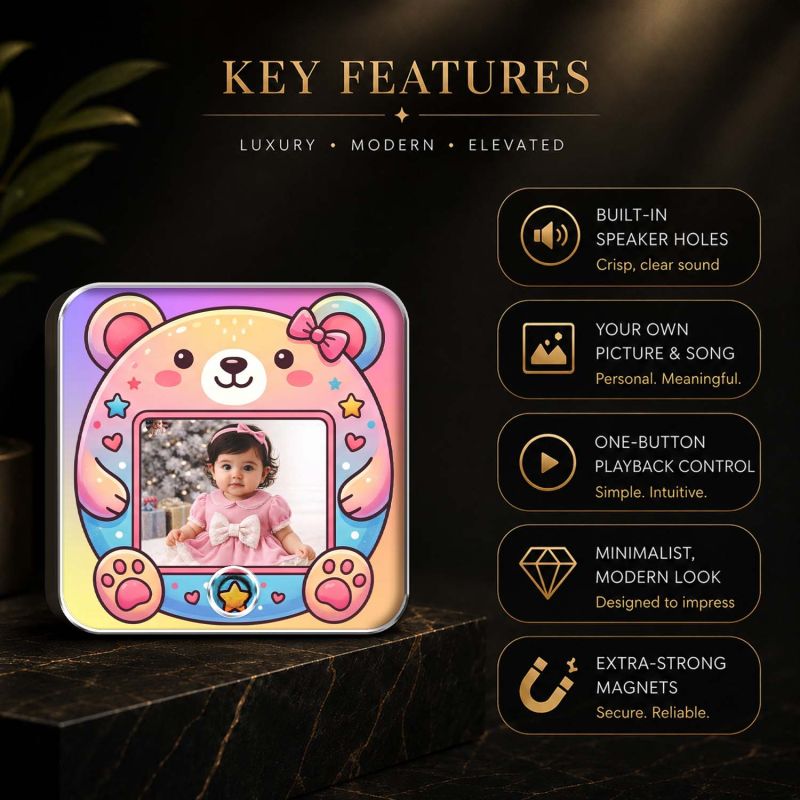 Personalized Cute Bear Musical Fridge Magnet with Speaker  Baby Photo Frame Magnet for Refrigerator  Audio Playback Sound Playing Gift for Kids, Family, Birthday
